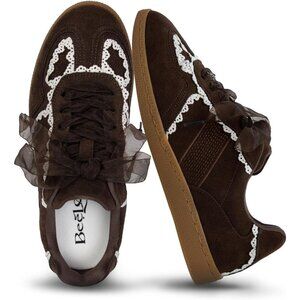 Casual Brown Sneakers Women with Lace Detail Ribbon Leather Upper Memory Foam